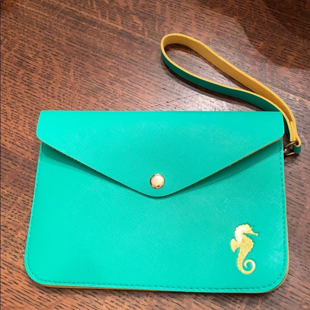 Top It Off Green Yellow Seahorse Envelope Clutch